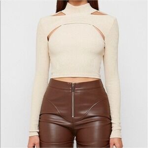 Maniere De Voir White Ribbed Rubbed Cold Shoulder Mock Neck Crop Top Size 12